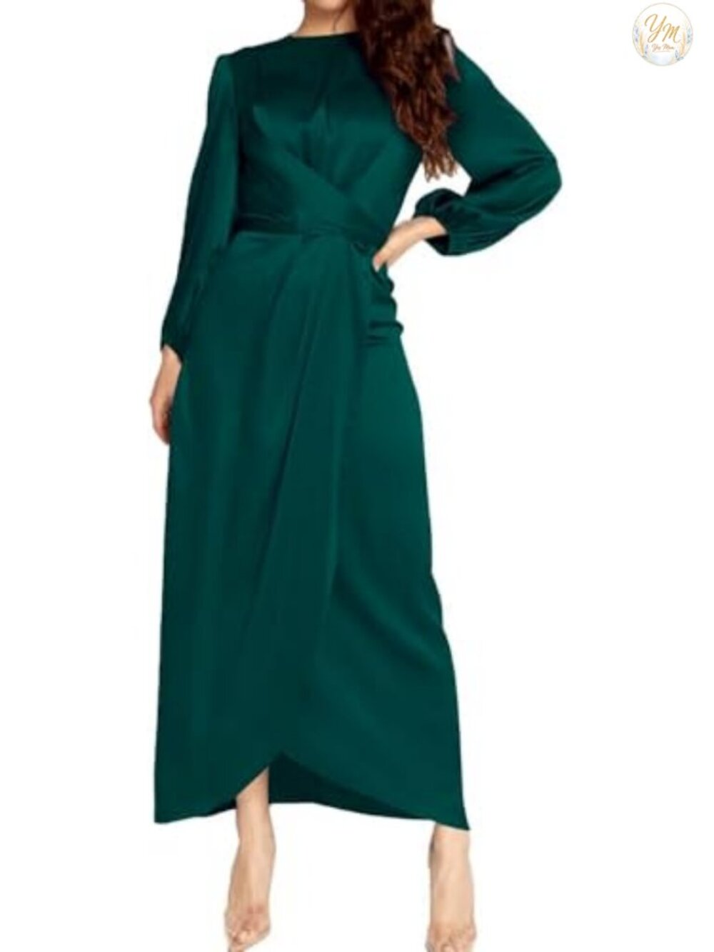 Women's Elegant Satin Maxi Dress Long Sleeve Wrap Waist